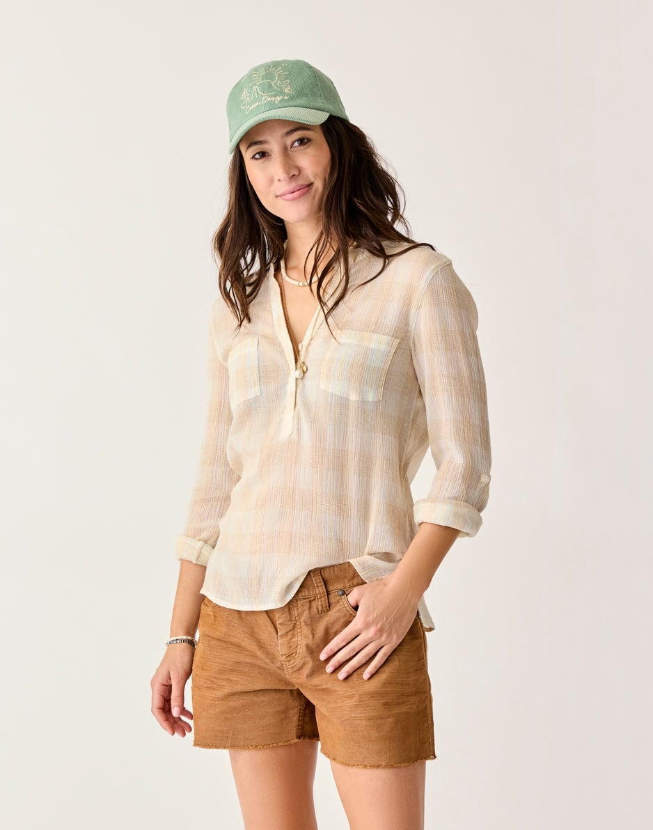 Sheer Plaid Button-Up Shirt with Brown Corduroy Shorts Sheer Plaid Button-Up Shirt with Brown Corduroy Shorts — Trendy Minimalist Outfits