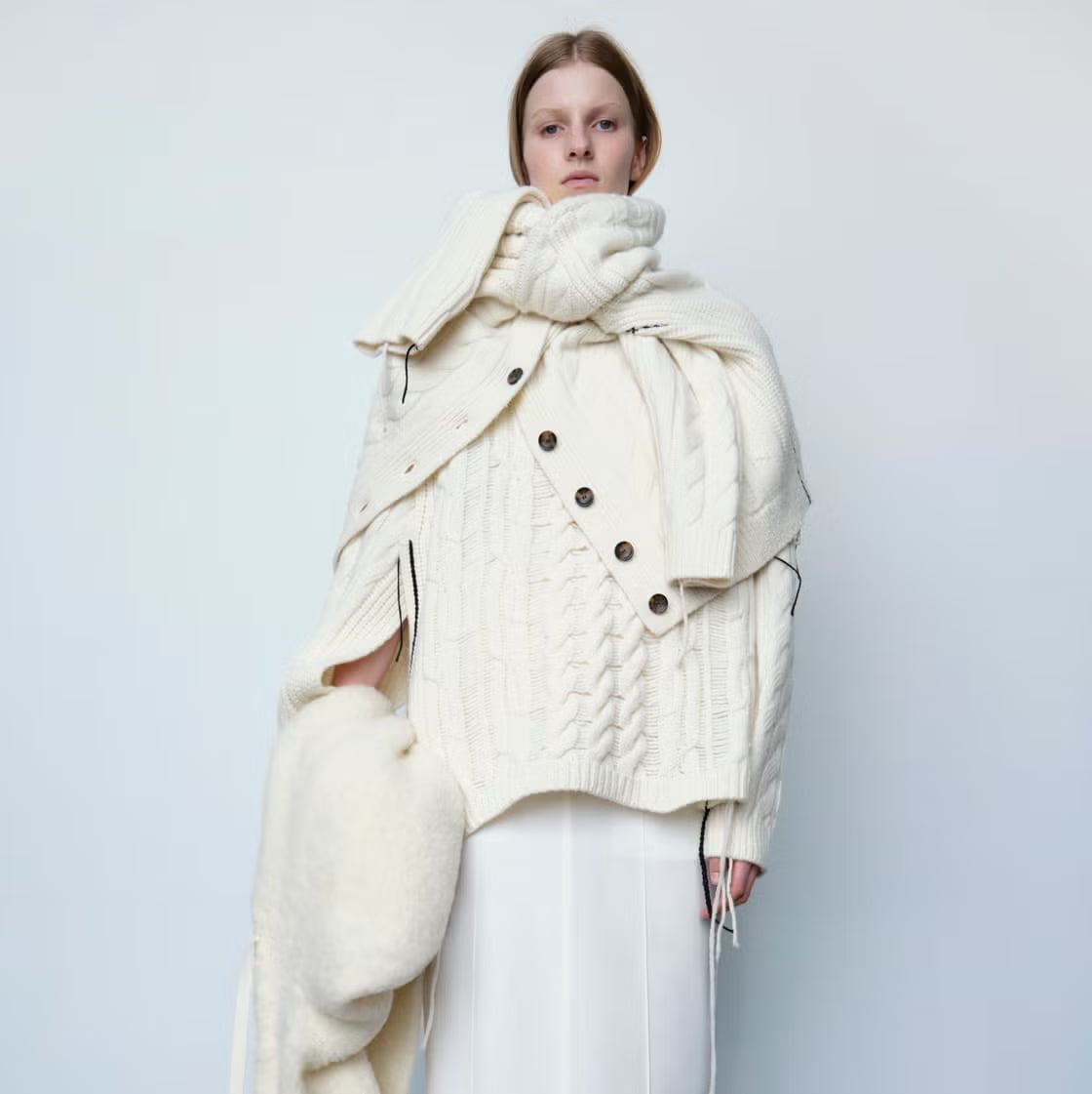 Oversized Cable Knit Sweater with Draped Scarf and Vest Oversized Cable Knit Sweater with Draped Scarf and Vest — Trendy Minimalist Outfits