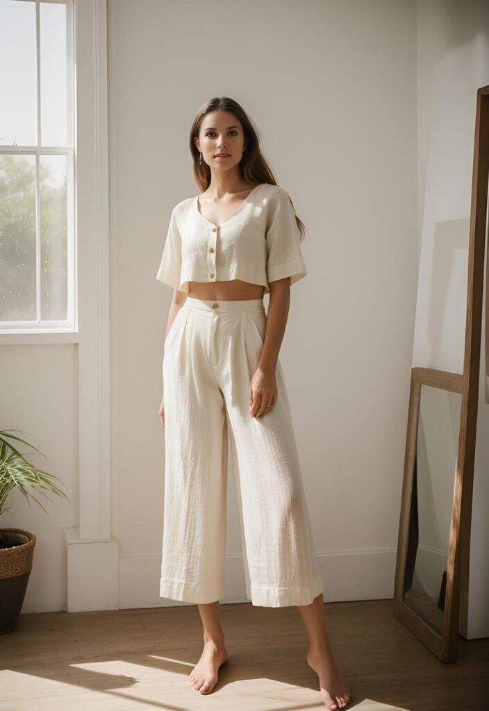 Cream Cropped Linen Top with Matching Off-White Wide Leg Pants Cream Cropped Linen Top with Matching Off-White Wide Leg Pants — Trendy Minimalist Outfits