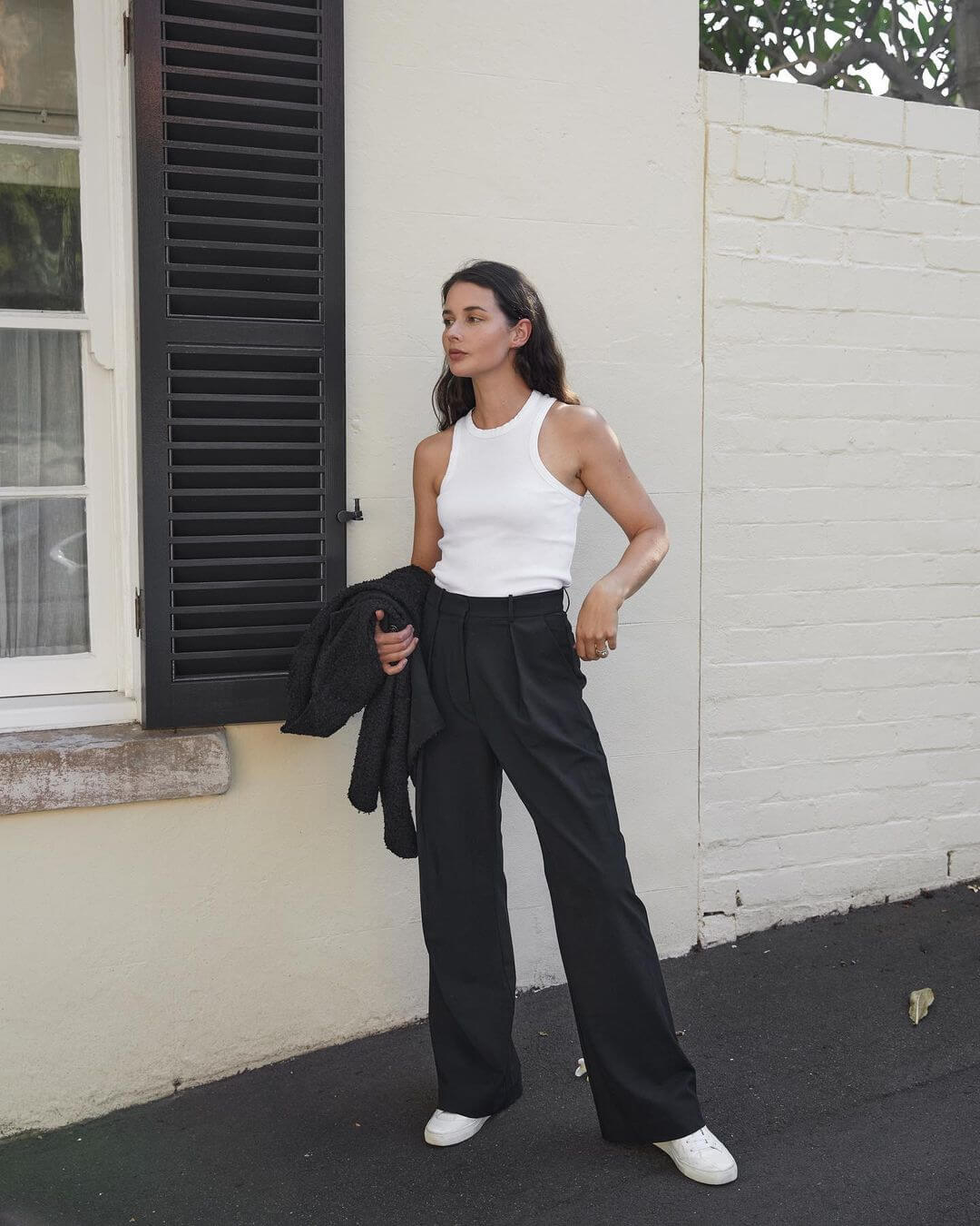 White Ribbed Tank Top with Black Wide Leg Trousers and Textured Jacket White Ribbed Tank Top with Black Wide Leg Trousers and Textured Jacket — Trendy Minimalist Outfits