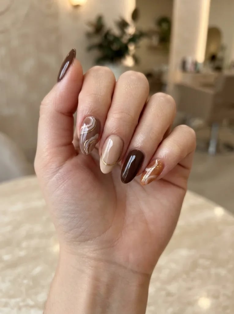 Medium Almond Swirls and Gold Stripe Nails — Trendy Mocha Nails