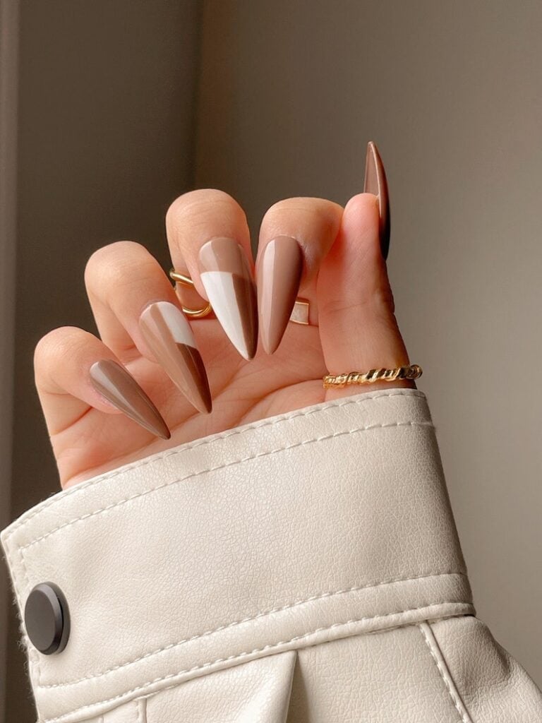 Medium Almond Geometric Mocha and White Nails — Trendy Mocha Nails