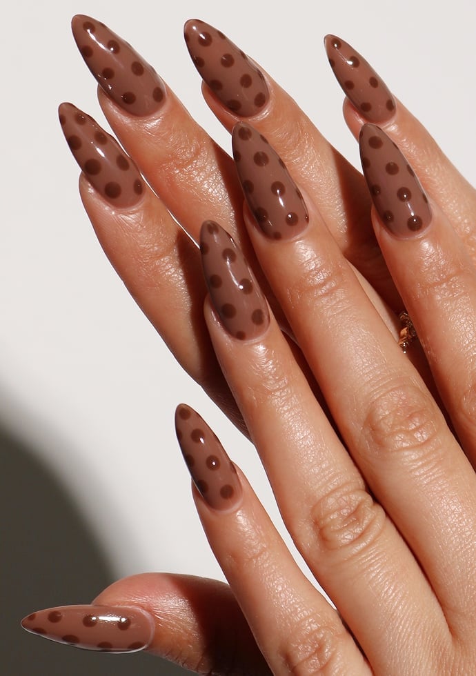 Long Almond Mocha Brown Polka Dot Nails — Trendy Mocha Nails