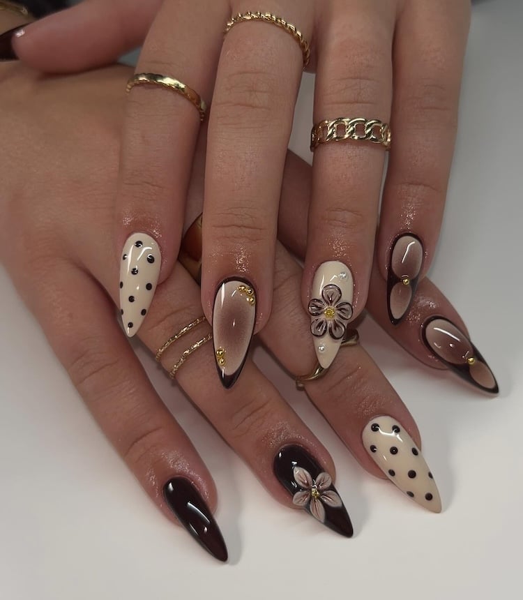 Long Almond Mixed Mocha Designs — Trendy Mocha Nails