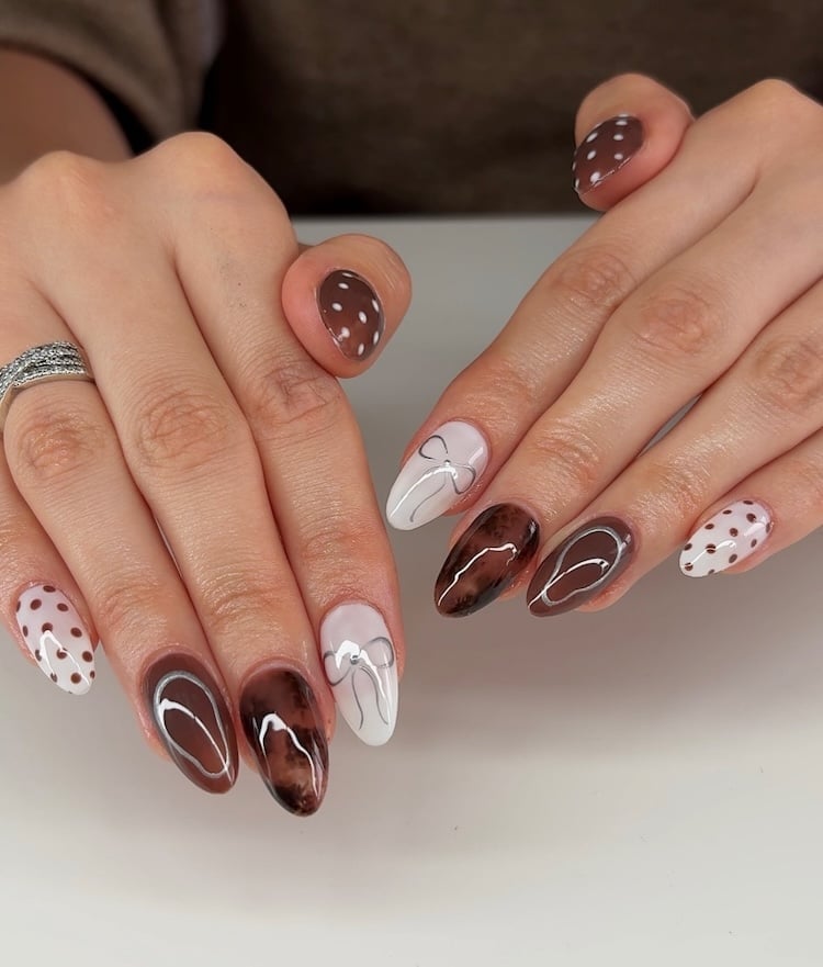 Medium Oval White Brown Silver Polka Dots Bows Swirls — Trendy Mocha Nails