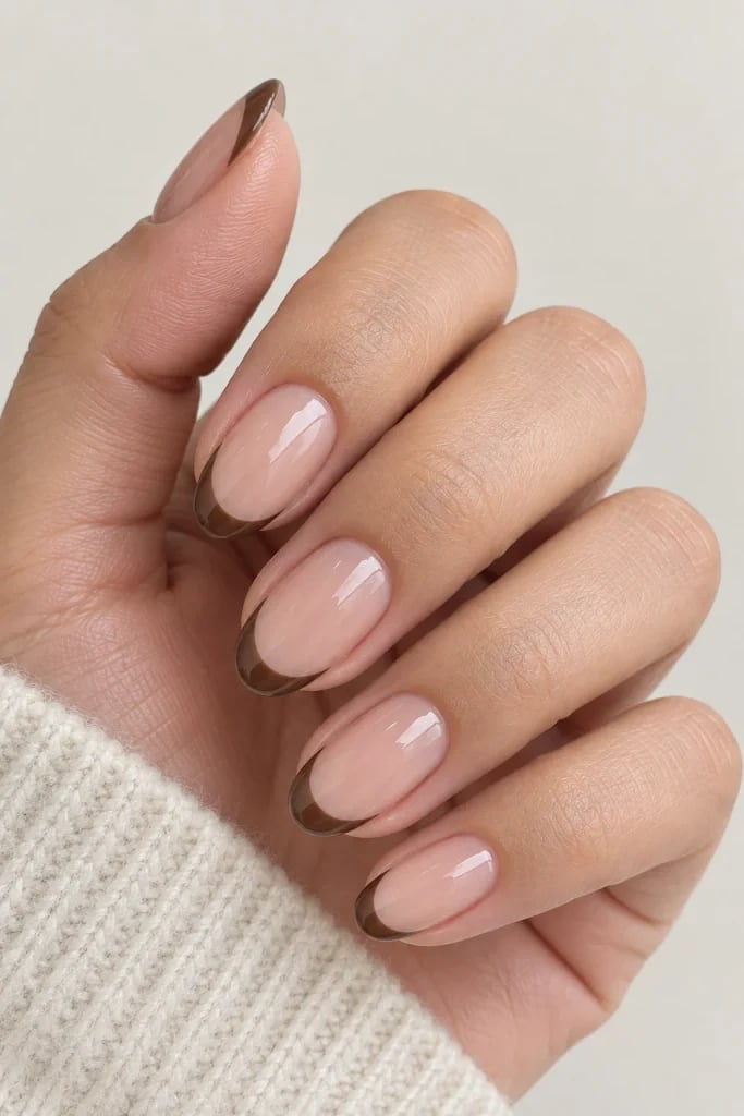 Short Oval Sheer Nude Thin Brown French Tips — Trendy Mocha Nails