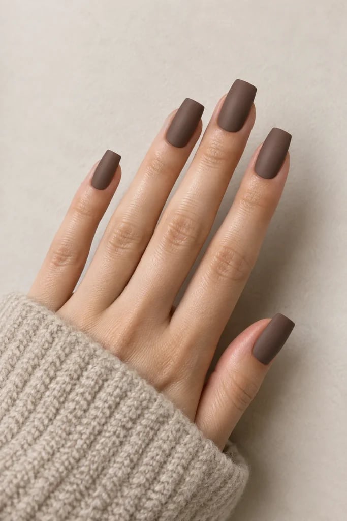 Short Oval Sheer Nude Dark Brown French Tips, Close-Up Take — Trendy Mocha Nails