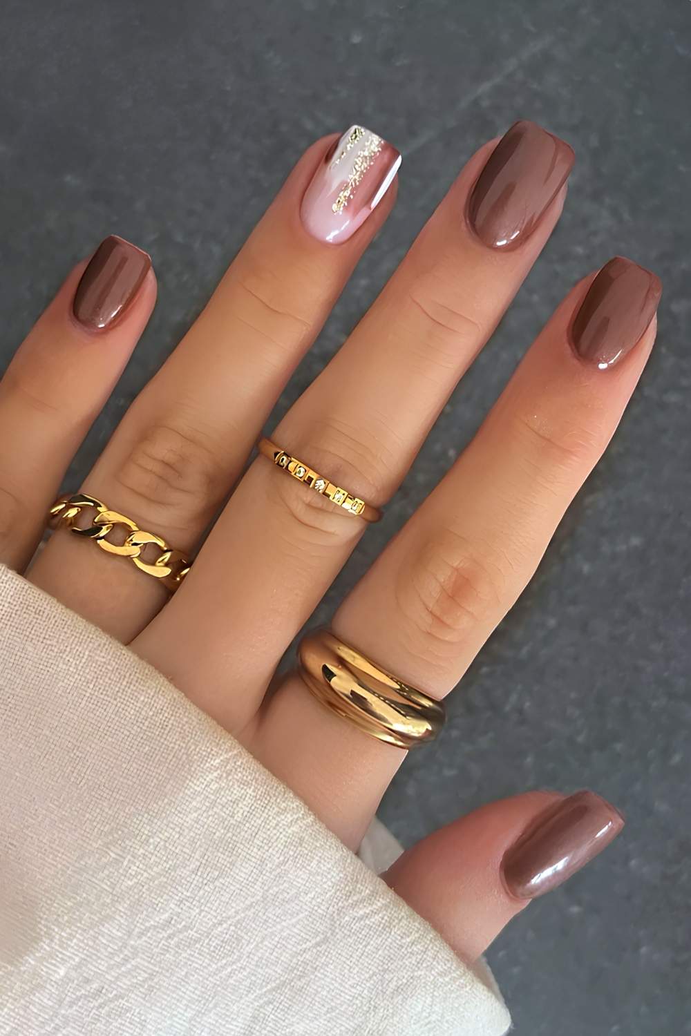 Medium Square Mocha French Tip Foil Accent — Trendy Mocha Nails