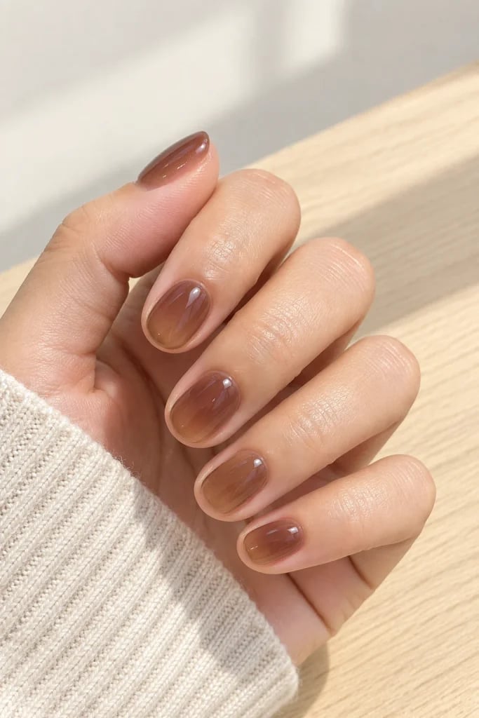 Short Oval Brown Gradient Nails — Trendy Mocha Nails