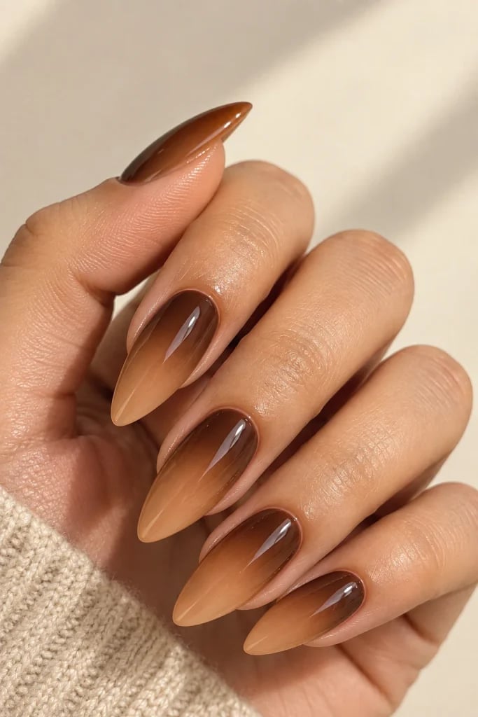 Long Almond Light Beige to Deep Brown Ombre — Trendy Mocha Nails