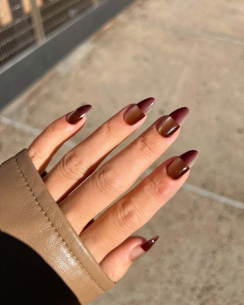 Long Almond Burgundy to Light Brown Gradient — Trendy Mocha Nails