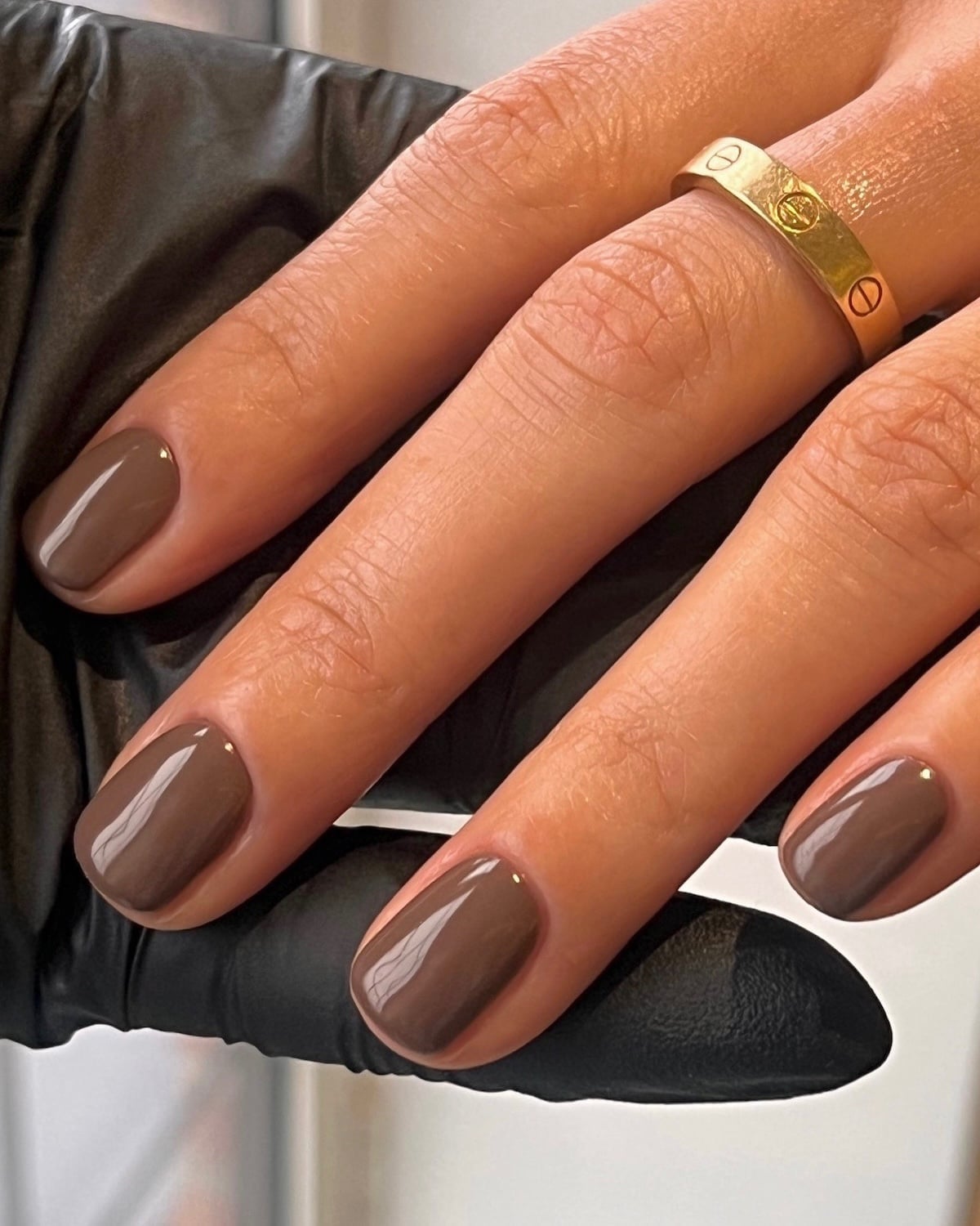 Short Soft Square Mocha with Tiny Gold Dot — Trendy Mocha Nails