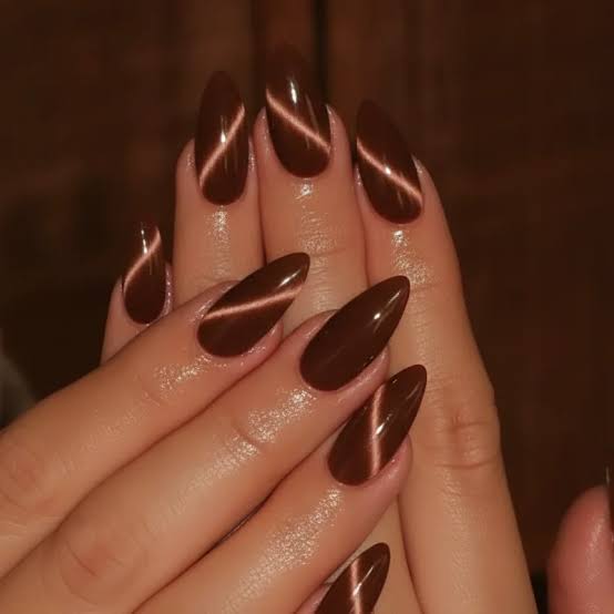 Medium-Long Almond Diagonal Cat-Eye Nails — Trendy Mocha Nails