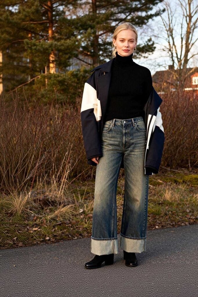 Cuffed Wide Leg Jeans with a Navy and White Jacket Cuffed Wide Leg Jeans with a Navy and White Jacket — Trendy Mom Jeans Outfits