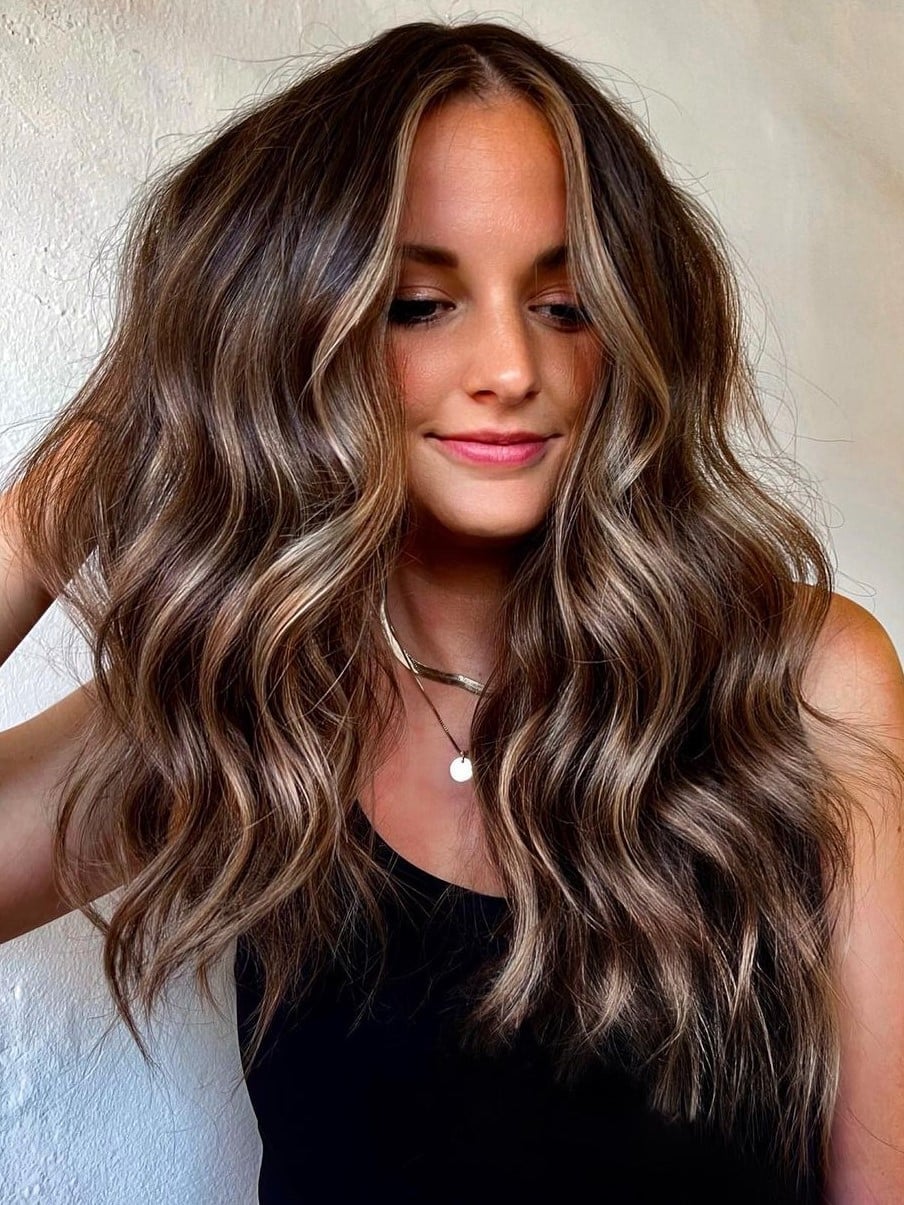 Mid-Back Dark Brown With Face-Framing Blonde Pieces Mid-Back Dark Brown With Face-Framing Blonde Pieces — Trendy Money Piece Hair