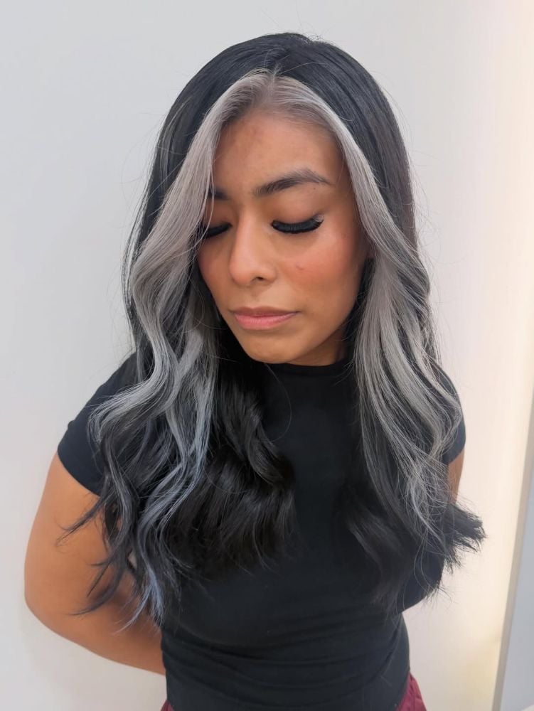 Mid-Back Black Base With Silver Money Piece Mid-Back Black Base With Silver Money Piece — Trendy Money Piece Hair