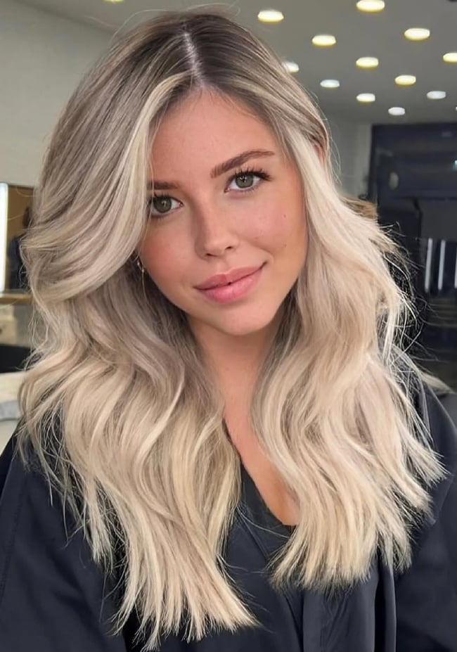 Mid-Back Platinum Blonde With Lighter Money Piece Mid-Back Platinum Blonde With Lighter Money Piece — Trendy Money Piece Hair