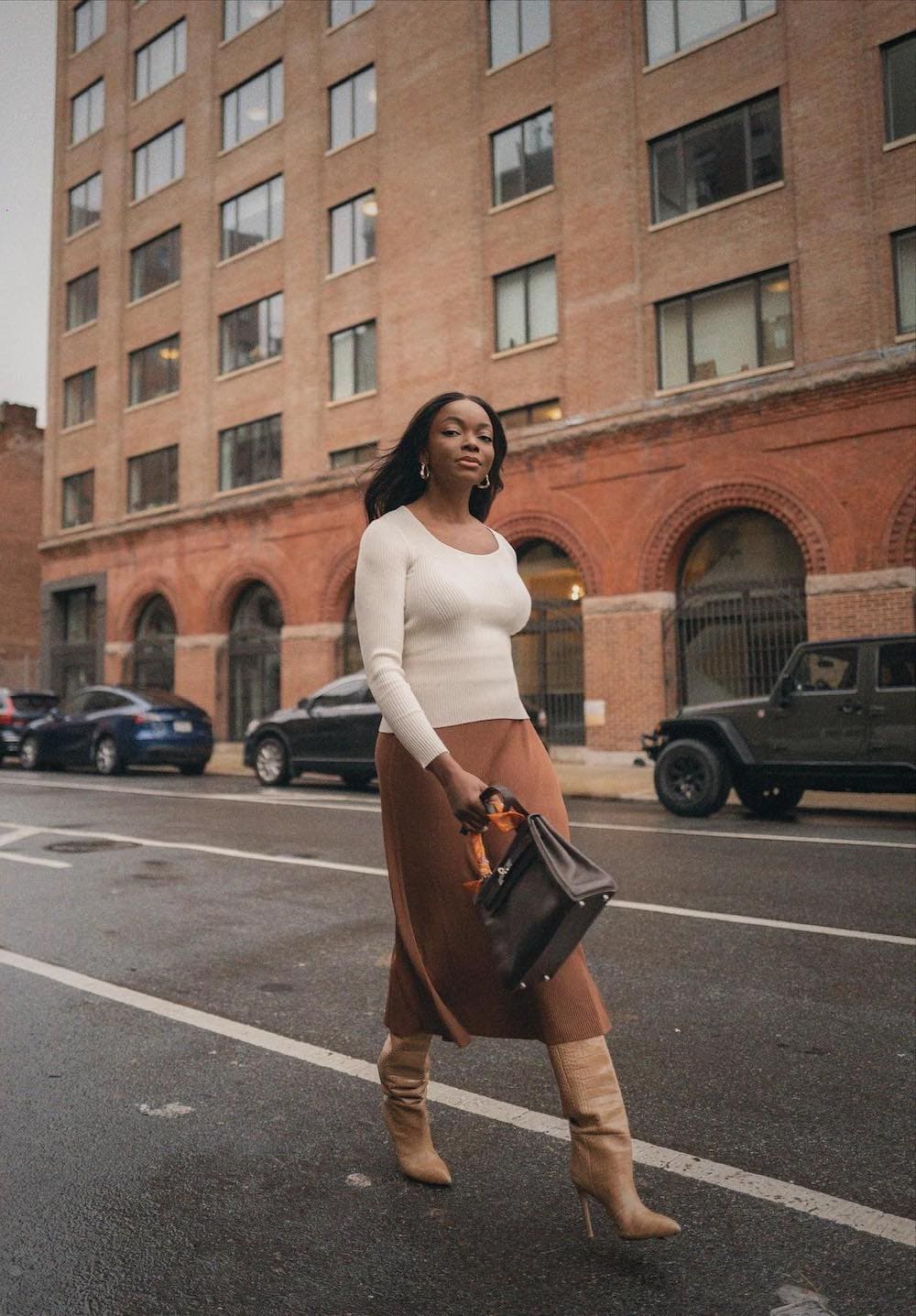 A-Line Midi Skirt With Knee-High Boots A-Line Midi Skirt With Knee-High Boots — Trendy Museum Outfits