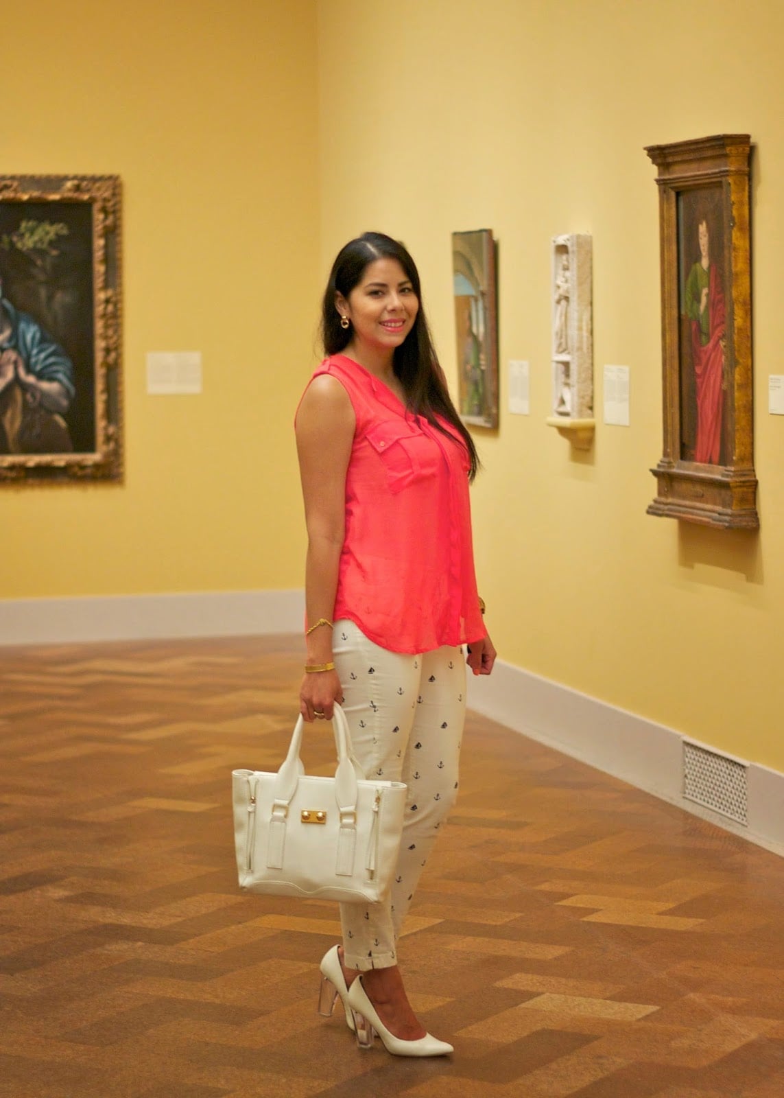 Anchor Print Trousers With Coral Top Anchor Print Trousers With Coral Top — Trendy Museum Outfits
