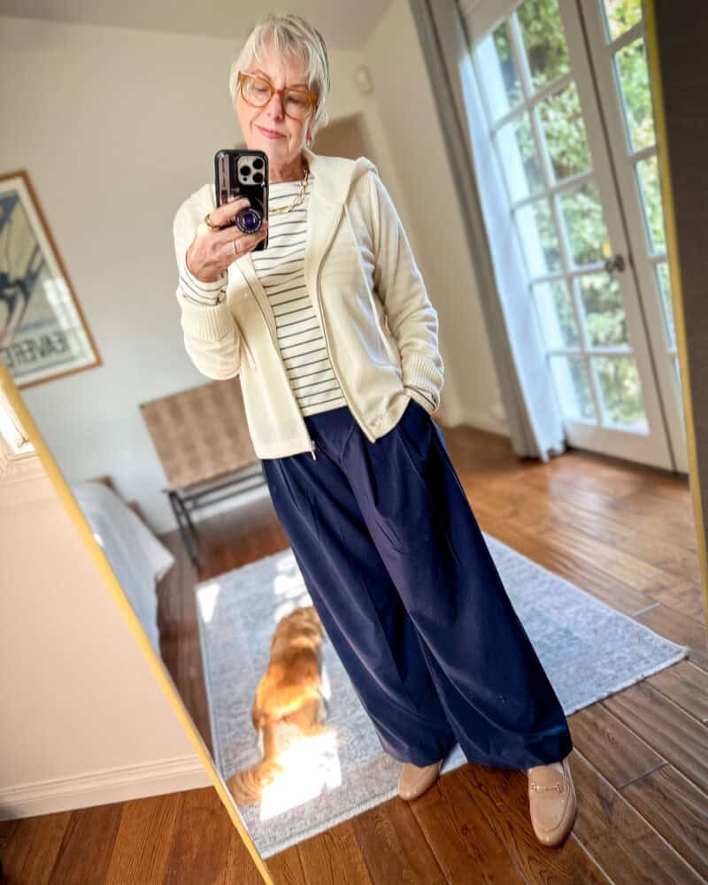 Velour Cardigan With Striped Top And Trousers Velour Cardigan With Striped Top And Trousers — Trendy Museum Outfits