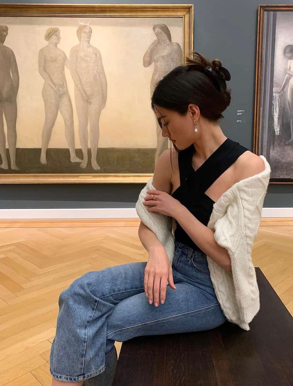 Cable Knit Cardigan With Criss-Cross Top And Jeans Cable Knit Cardigan With Criss-Cross Top And Jeans — Trendy Museum Outfits