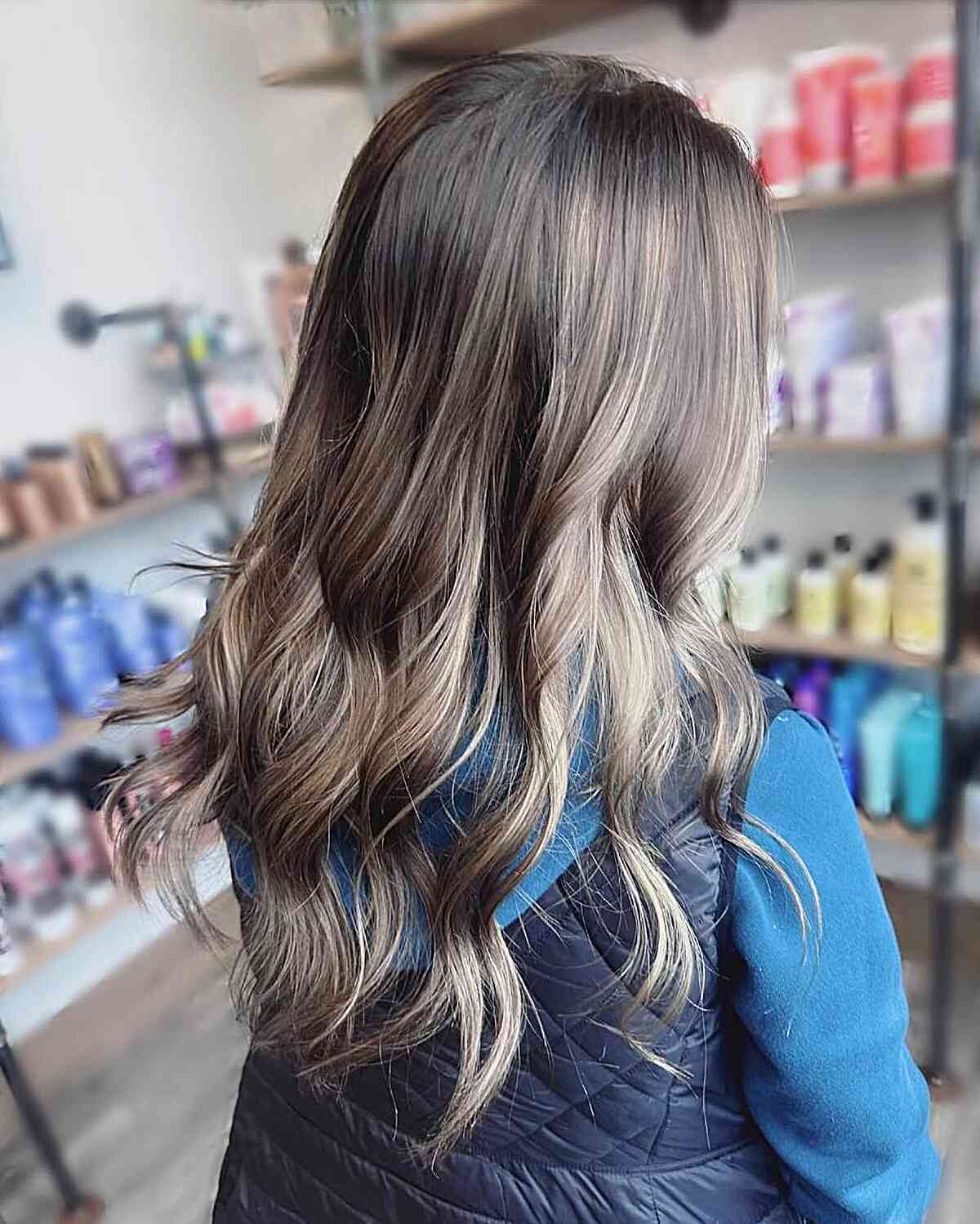 Mid-Back Mushroom Brown With Soft Balayage Mid-Back Mushroom Brown With Soft Balayage — Trendy Mushroom Brown Hair Color