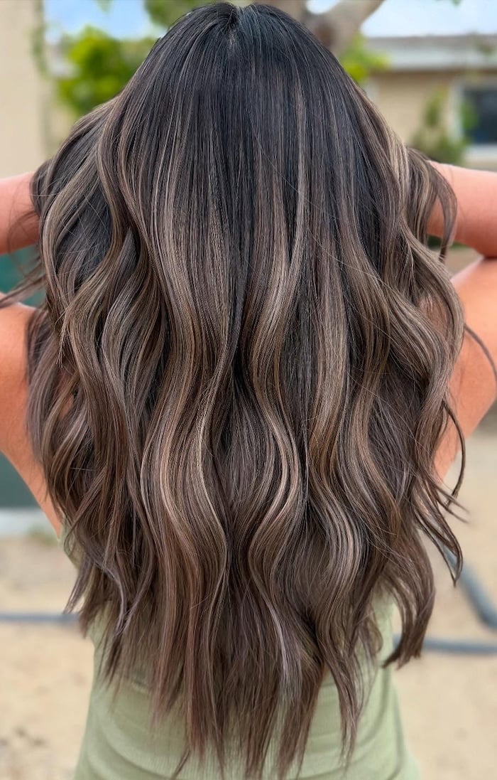 Mid-Back Mushroom Brown With Cool Beige Balayage Mid-Back Mushroom Brown With Cool Beige Balayage — Trendy Mushroom Brown Hair Color