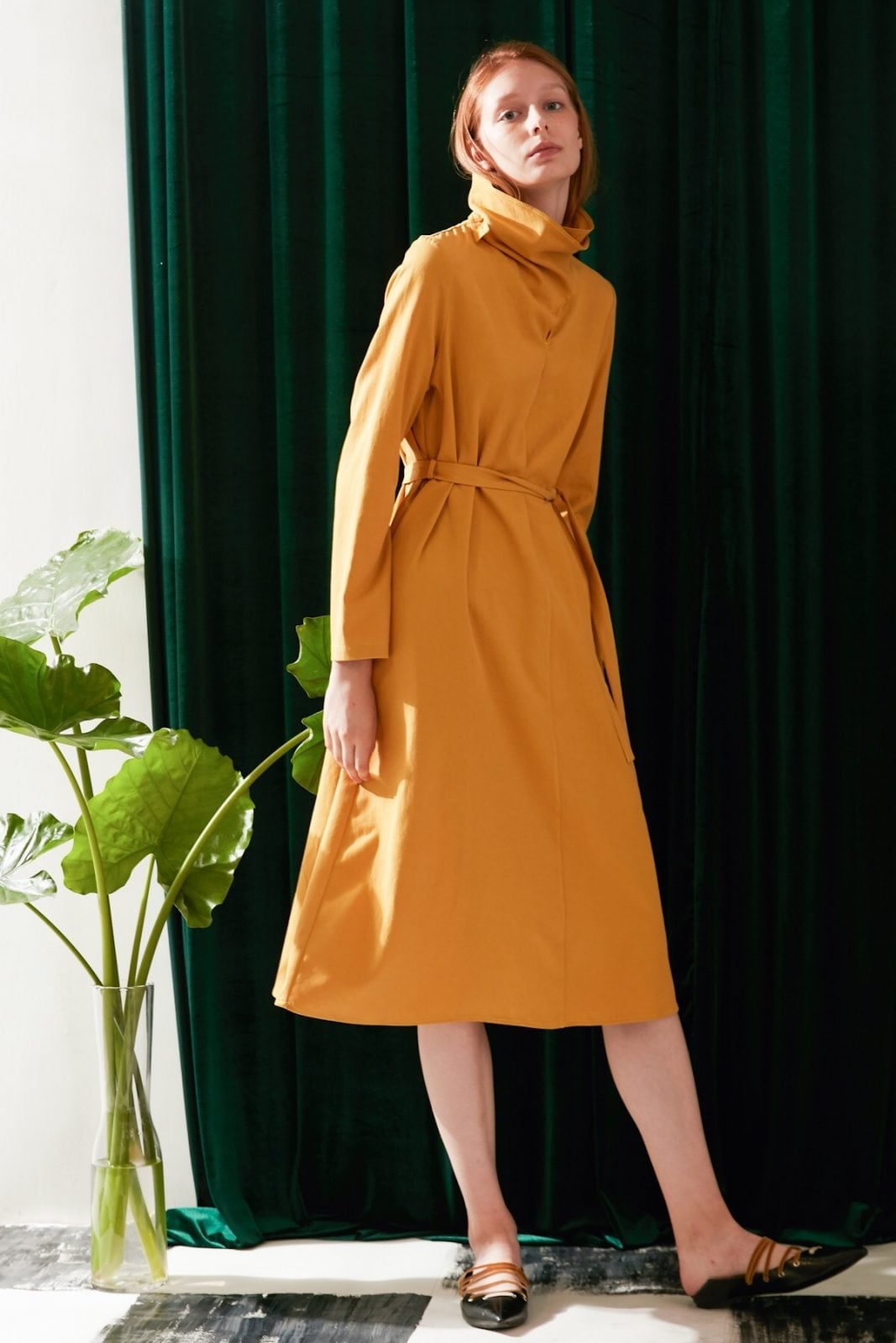 Mustard A-line Dress With Belted Waist Mustard A-line Dress With Belted Waist — Trendy Mustard Dress