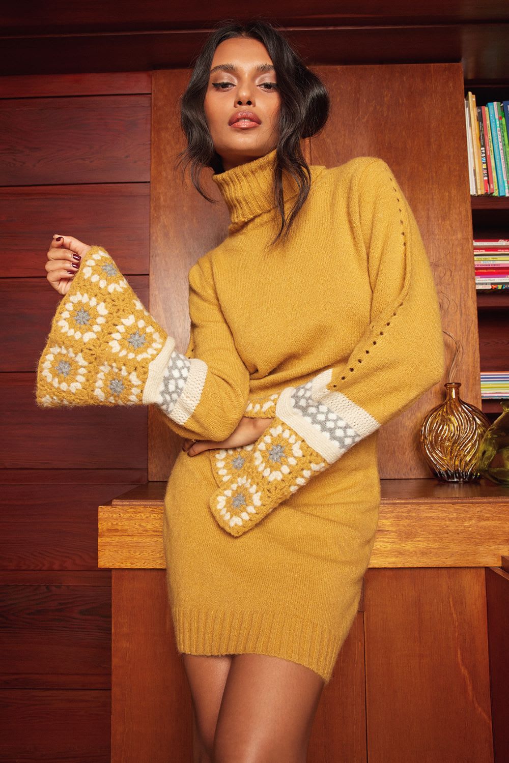 Mustard Mini Sweater Dress With Bell Sleeves Mustard Mini Sweater Dress With Bell Sleeves — Trendy Mustard Dress