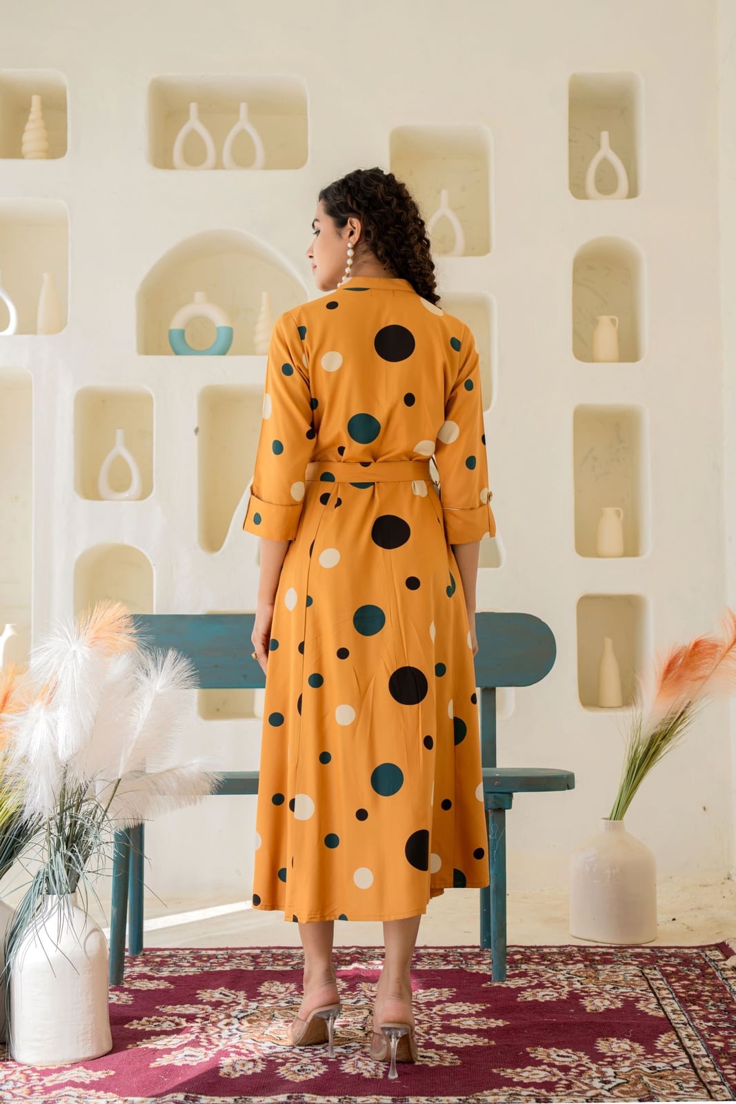 Mustard Polka Dot Shirt Dress With Belt Mustard Polka Dot Shirt Dress With Belt — Trendy Mustard Dress
