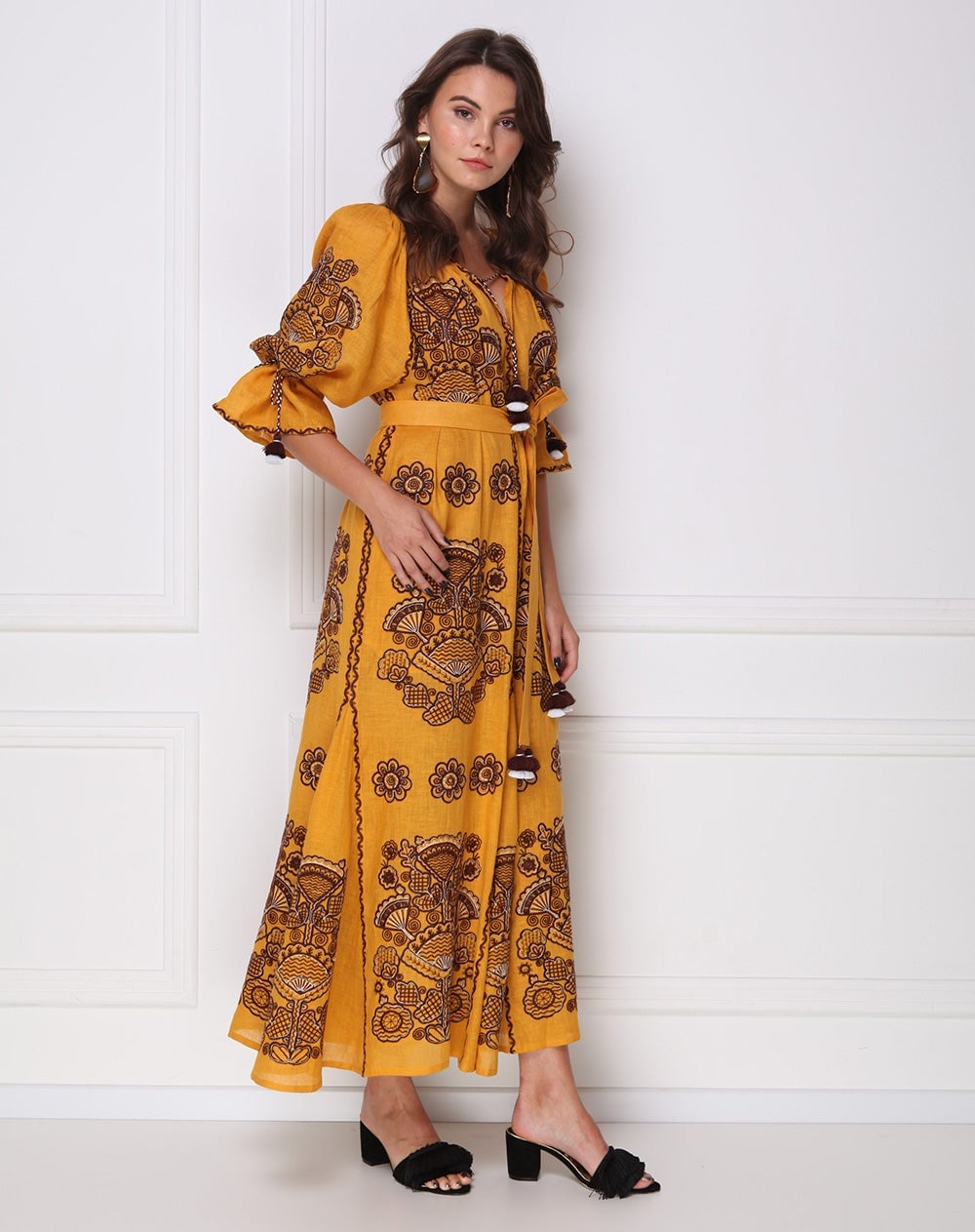 Mustard Embroidered Linen Maxi Dress Mustard Embroidered Linen Maxi Dress — Trendy Mustard Dress