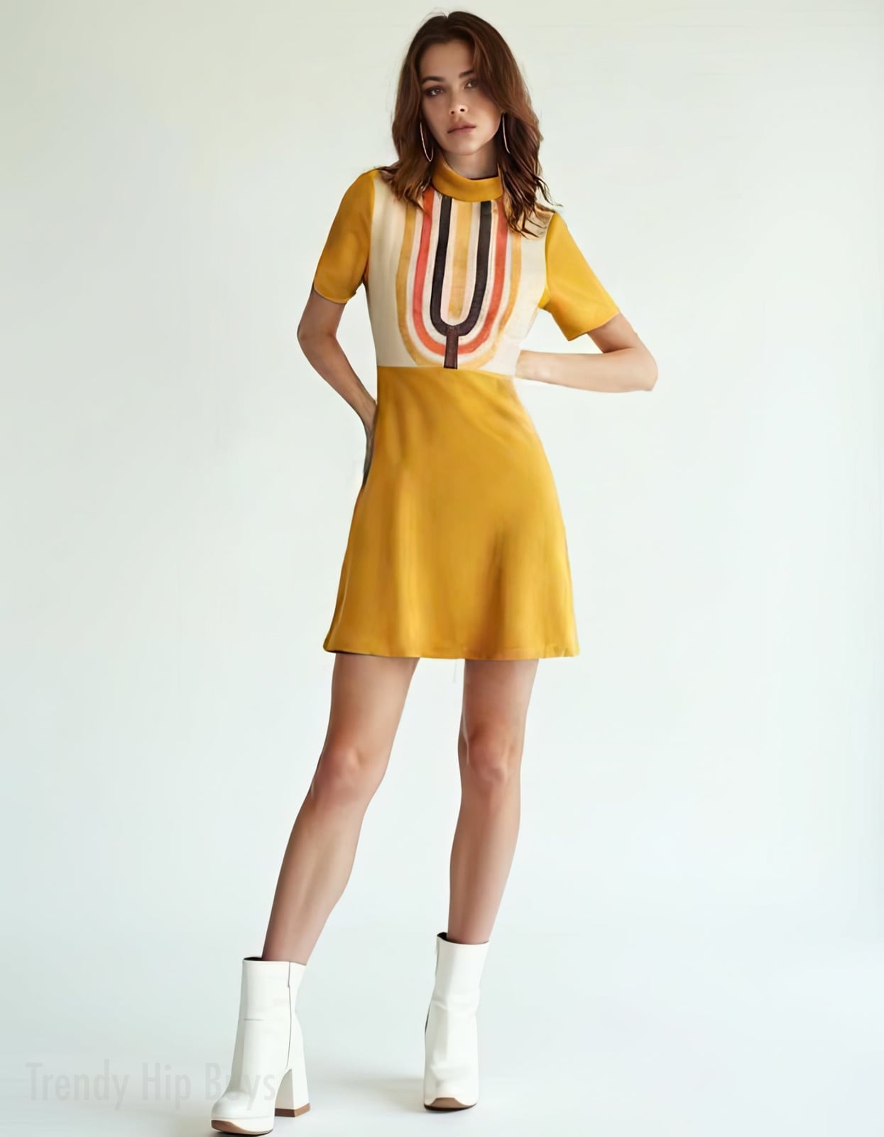 Mustard Mini Dress With Geometric Graphic Mustard Mini Dress With Geometric Graphic — Trendy Mustard Dress