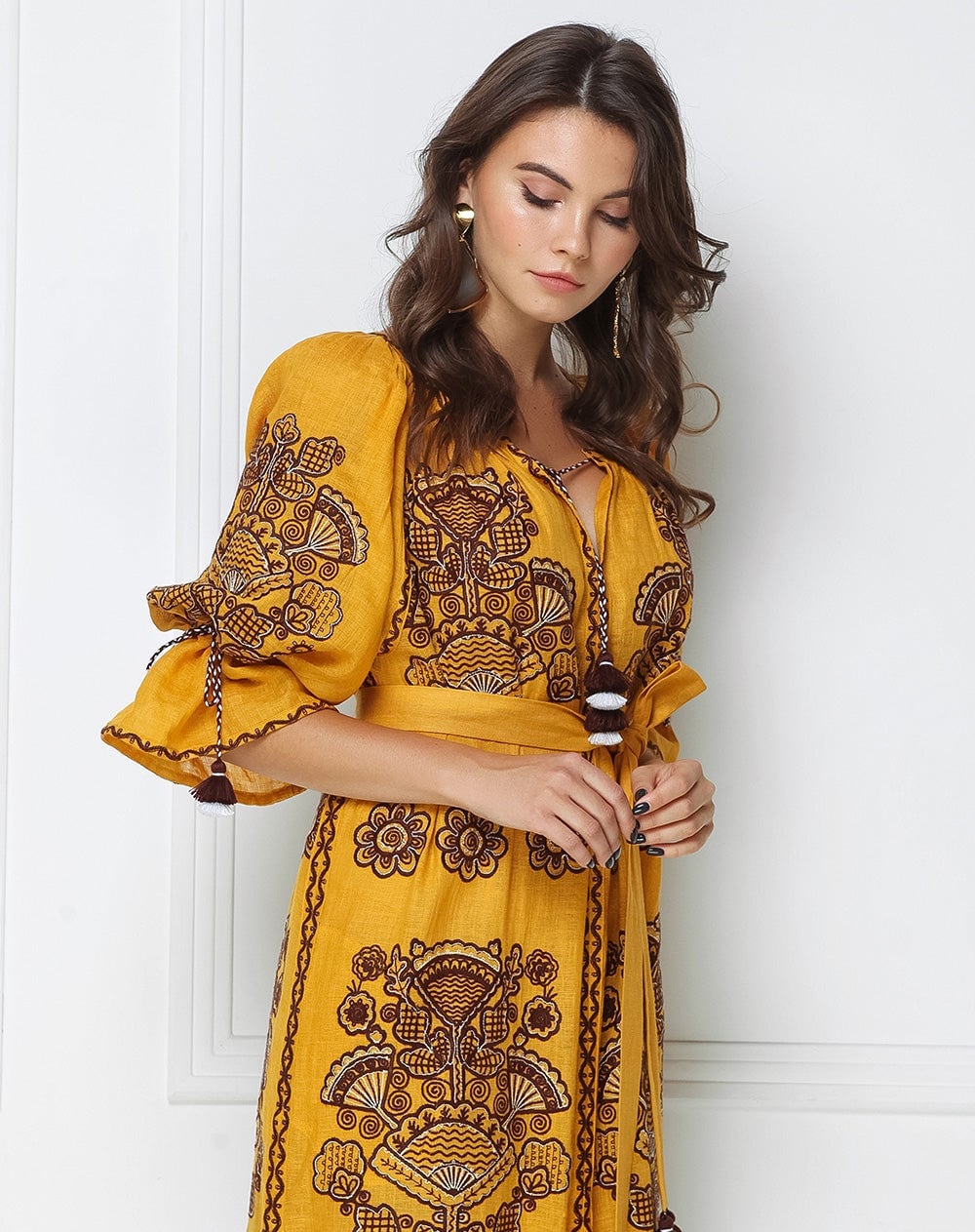 Mustard Pleated Maxi Dress With Embroidery Mustard Pleated Maxi Dress With Embroidery — Trendy Mustard Dress