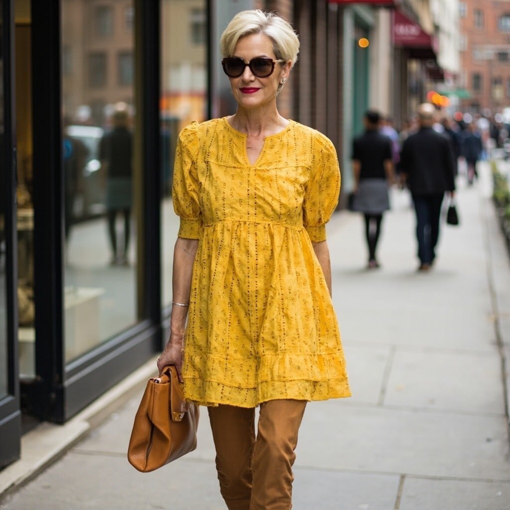 Mustard Puff Sleeve Dress With Tiered Hem Mustard Puff Sleeve Dress With Tiered Hem — Trendy Mustard Dress