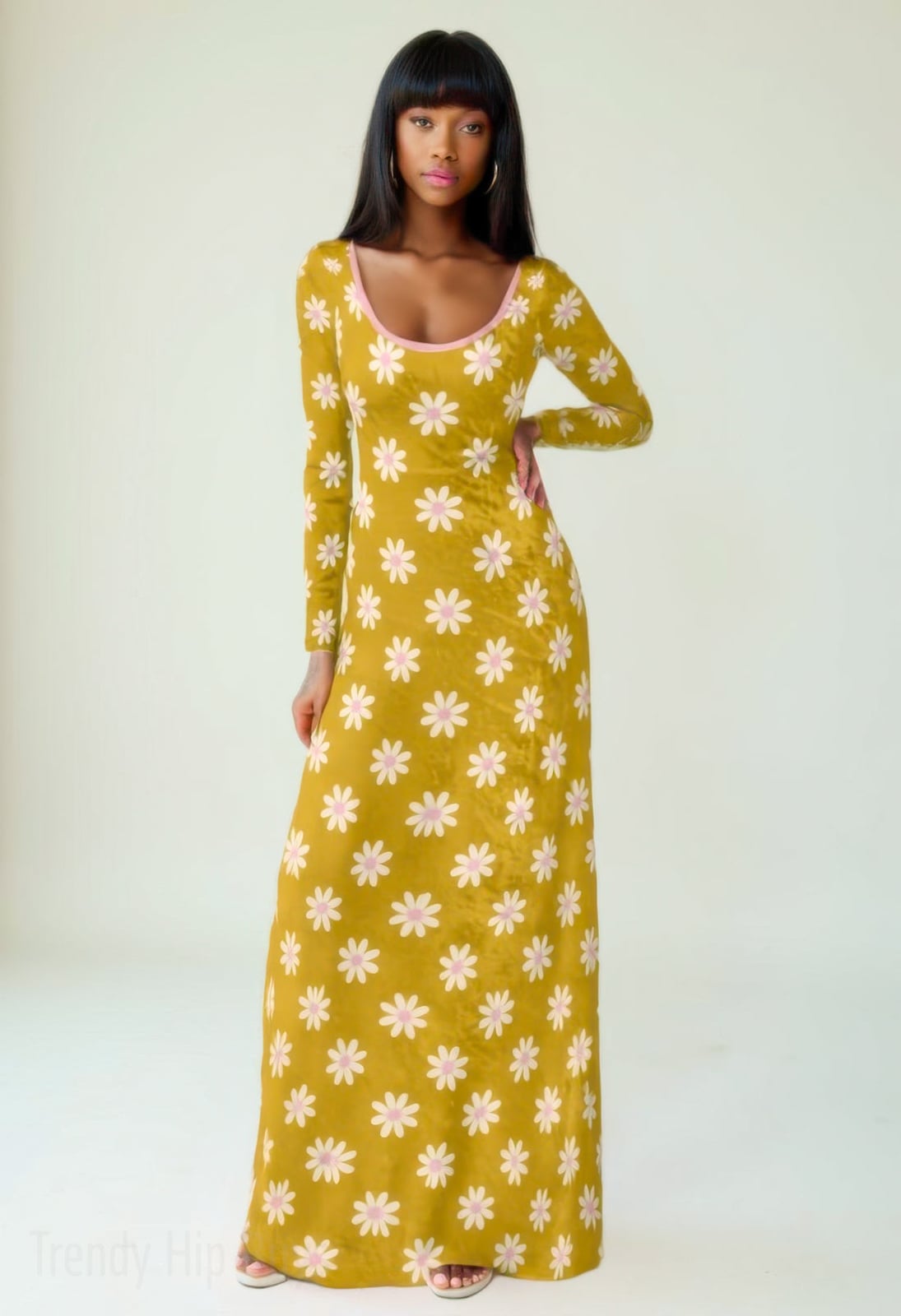 Mustard Floral Print Velvet Maxi Dress Mustard Floral Print Velvet Maxi Dress — Trendy Mustard Dress