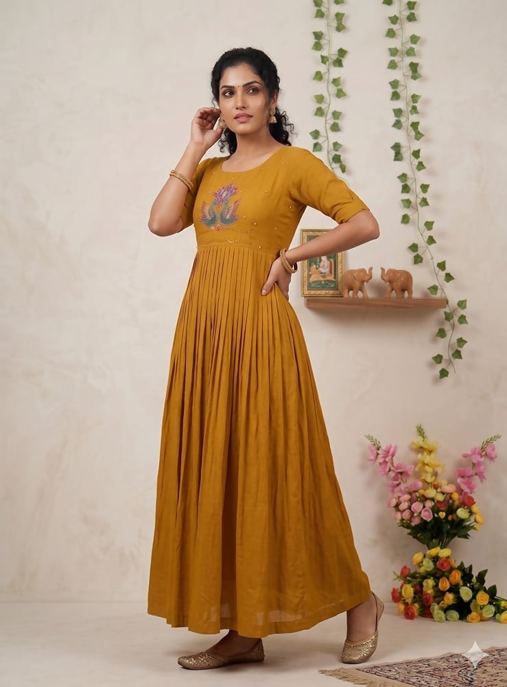 Mustard Pleated Maxi Dress With Beadwork Mustard Pleated Maxi Dress With Beadwork — Trendy Mustard Dress