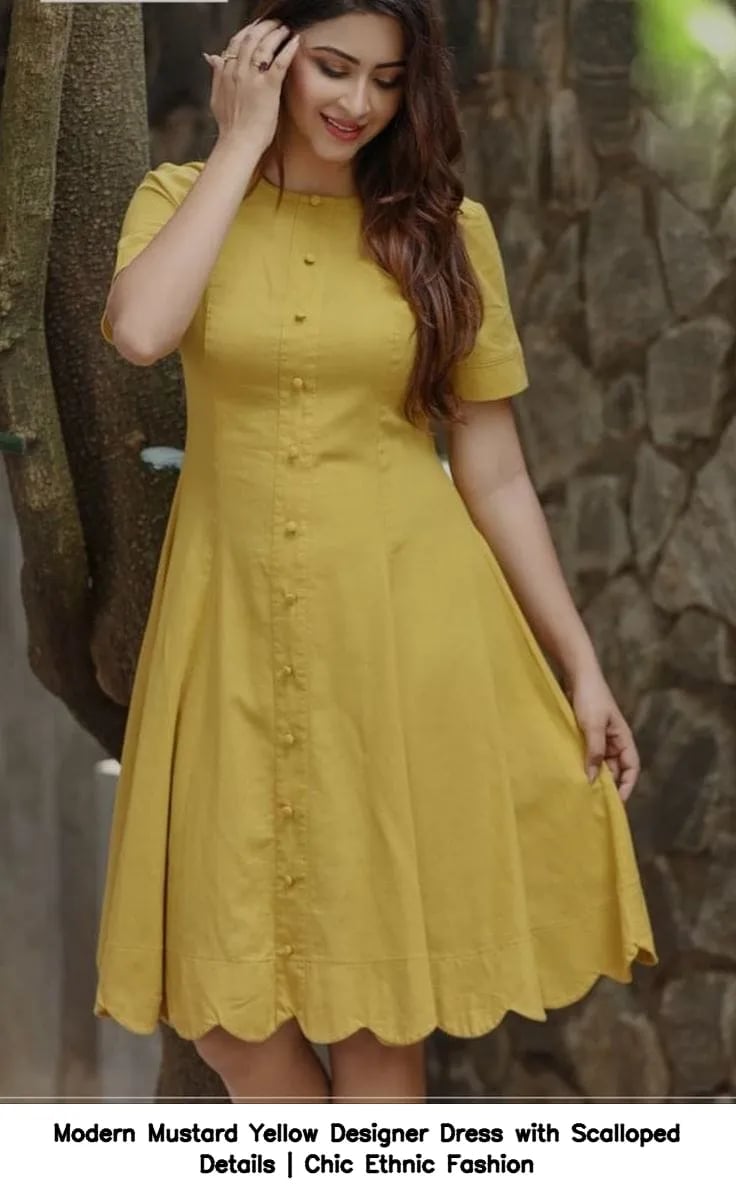 Mustard Button-Front Dress With Scalloped Hem Mustard Button-Front Dress With Scalloped Hem — Trendy Mustard Dress