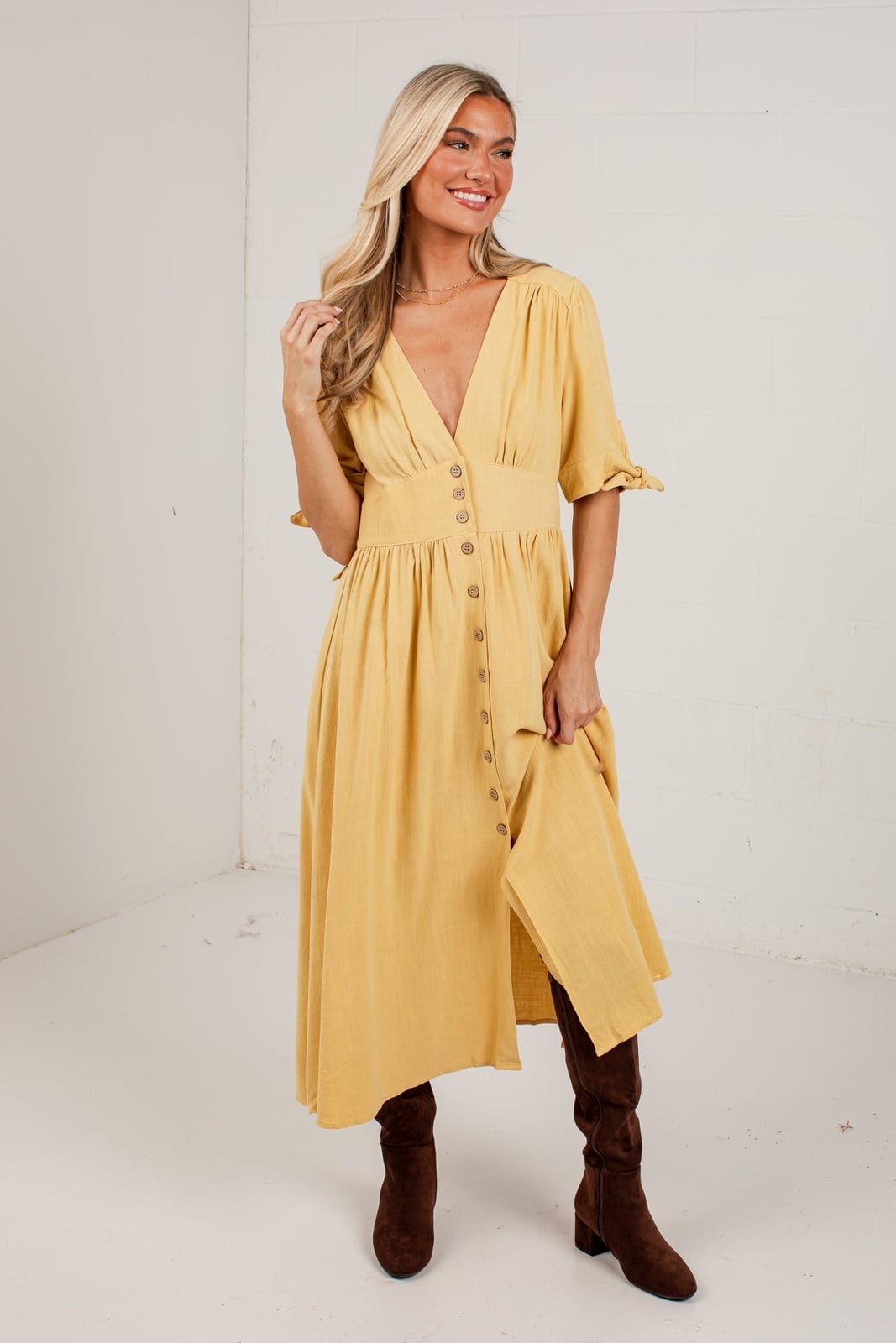 Mustard Midi Dress With Button-Front Detail Mustard Midi Dress With Button-Front Detail — Trendy Mustard Dress