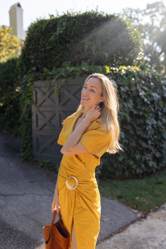 Mustard Wrap Midi Dress With Buckle Detail Mustard Wrap Midi Dress With Buckle Detail — Trendy Mustard Dress