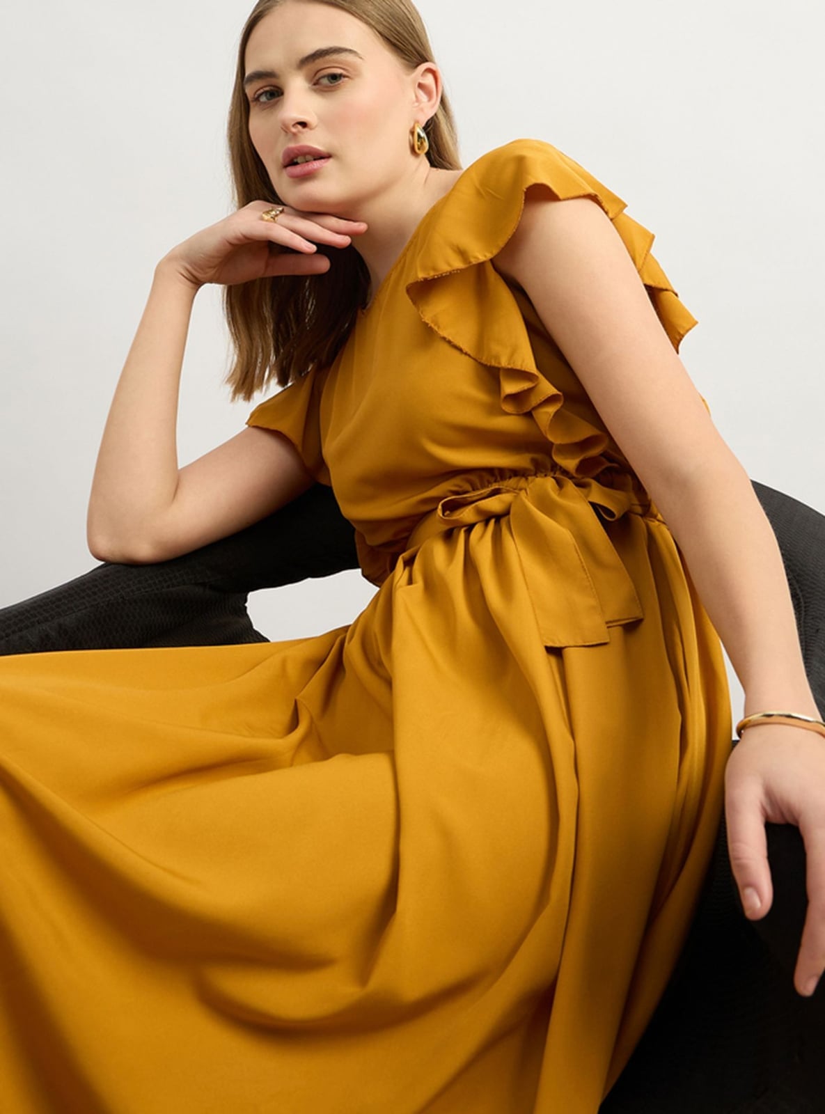 Mustard Midi Dress With Ruffled Sleeves Mustard Midi Dress With Ruffled Sleeves — Trendy Mustard Dress
