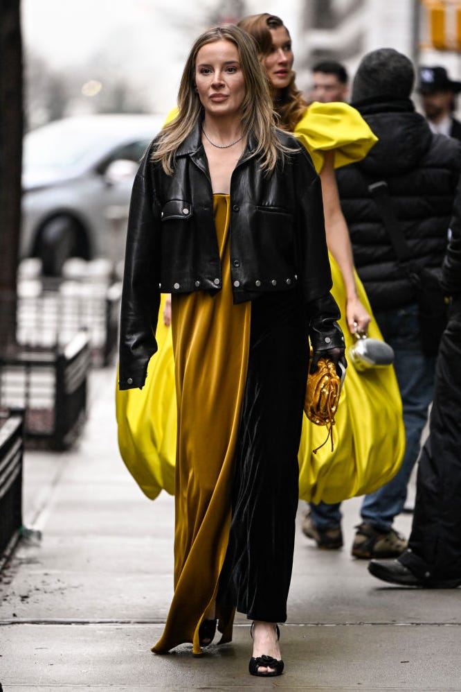 Mustard Velvet Column Dress With Leather Jacket Mustard Velvet Column Dress With Leather Jacket — Trendy Mustard Dress