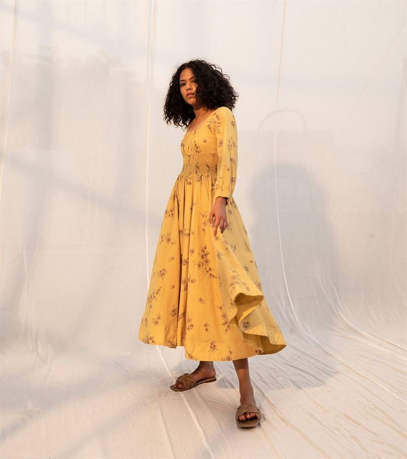 Floral Print A-Line Dress With Smocked Bodice Floral Print A-Line Dress With Smocked Bodice — Trendy Mustard Dress