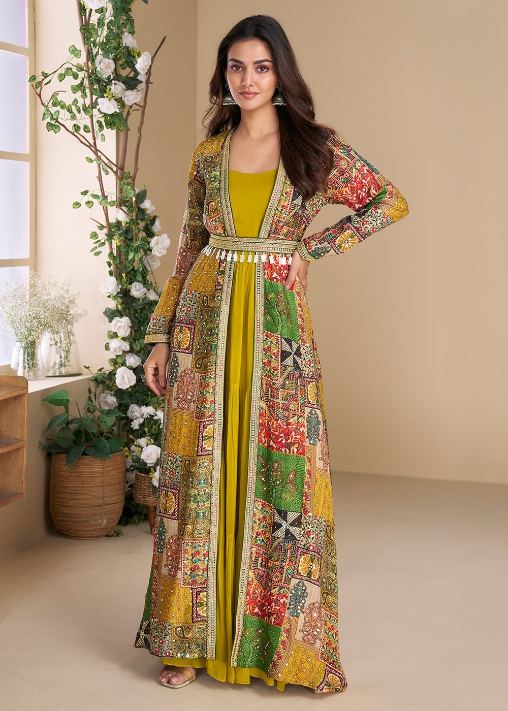Mustard Tiered Dress With Patchwork Jacket Mustard Tiered Dress With Patchwork Jacket — Trendy Mustard Dress