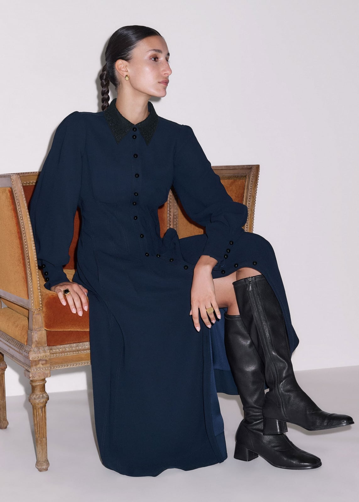 Collared Navy Midi Dress With Knee-High Boots — Trendy Navy Blue Outfits