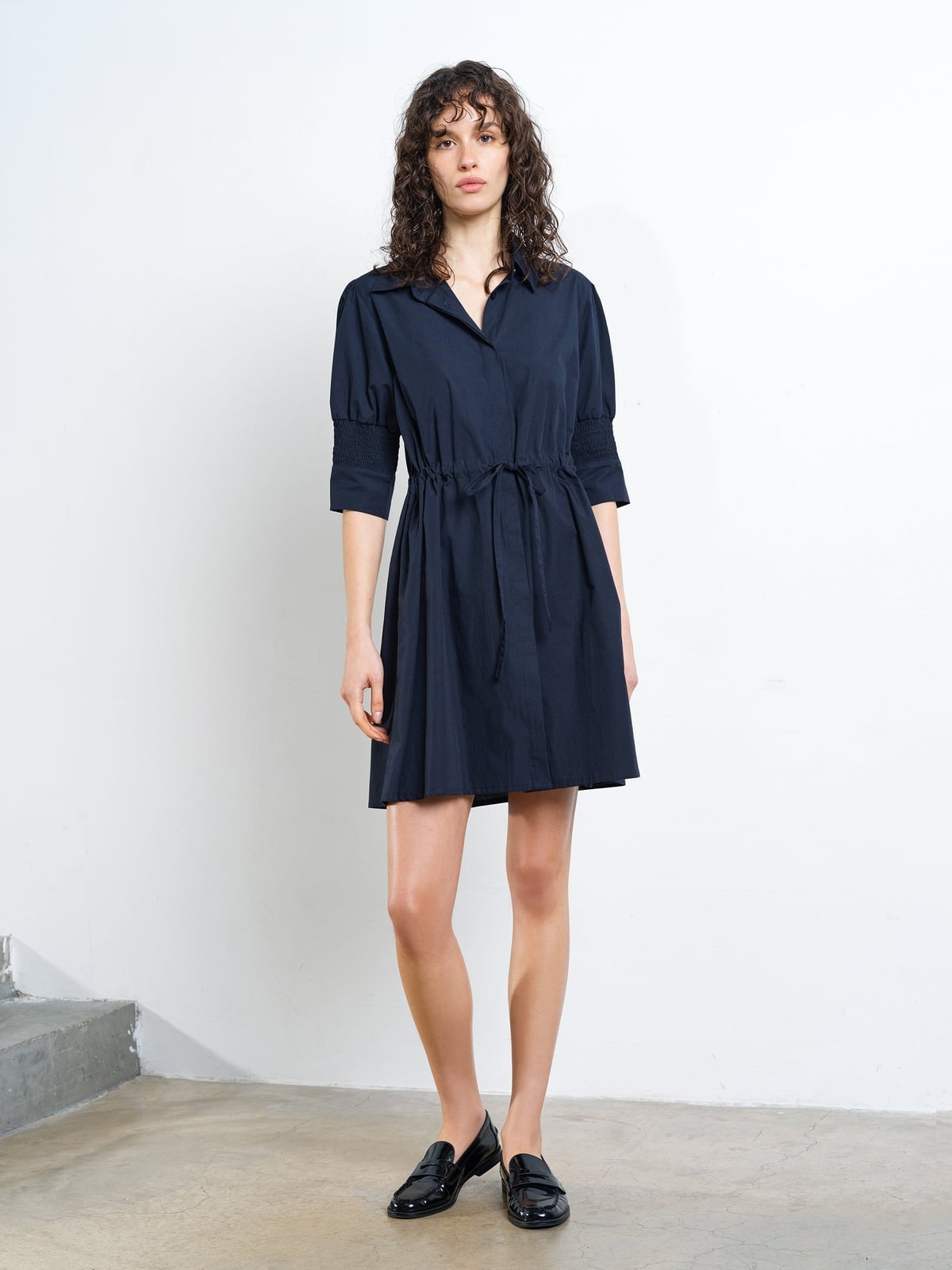Navy Blue Cotton Shirt Dress With Cinched Waist — Trendy Navy Blue Outfits