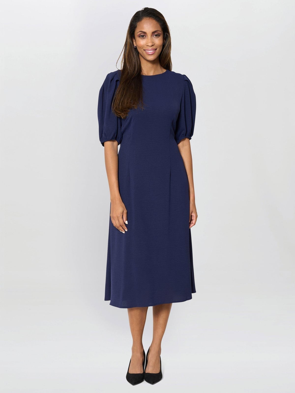 Navy Blue Puff Sleeve Midi Dress For Workwear — Trendy Navy Blue Outfits
