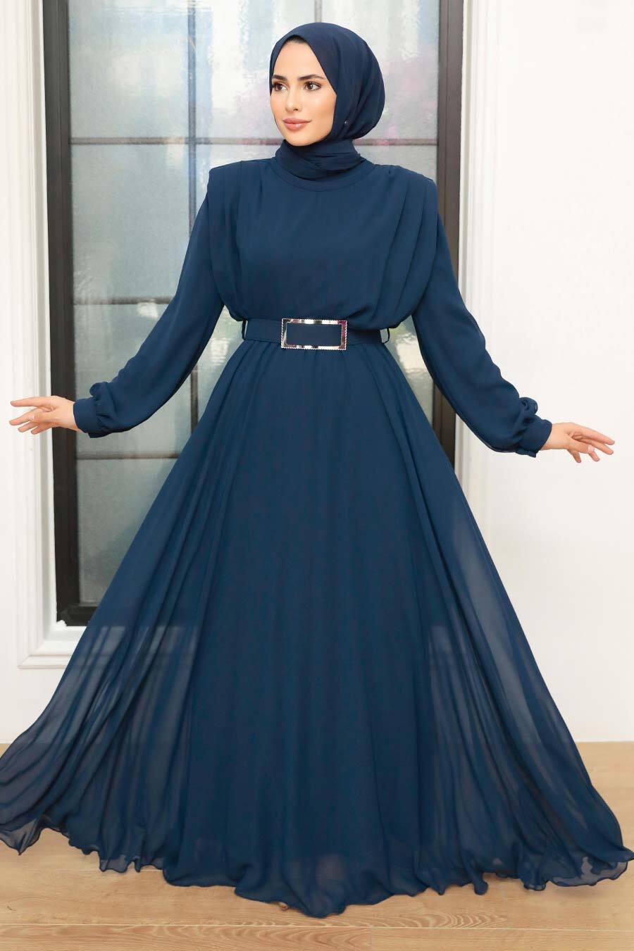 Flowing Navy Chiffon Maxi Dress With Silver Belt — Trendy Navy Blue Outfits