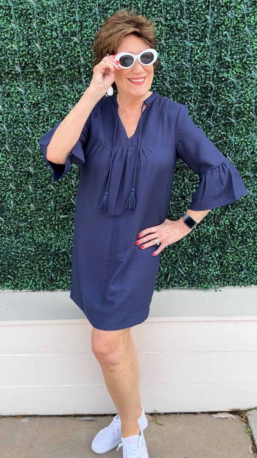 Navy Textured Tunic Dress With Bell Sleeves — Trendy Navy Blue Outfits