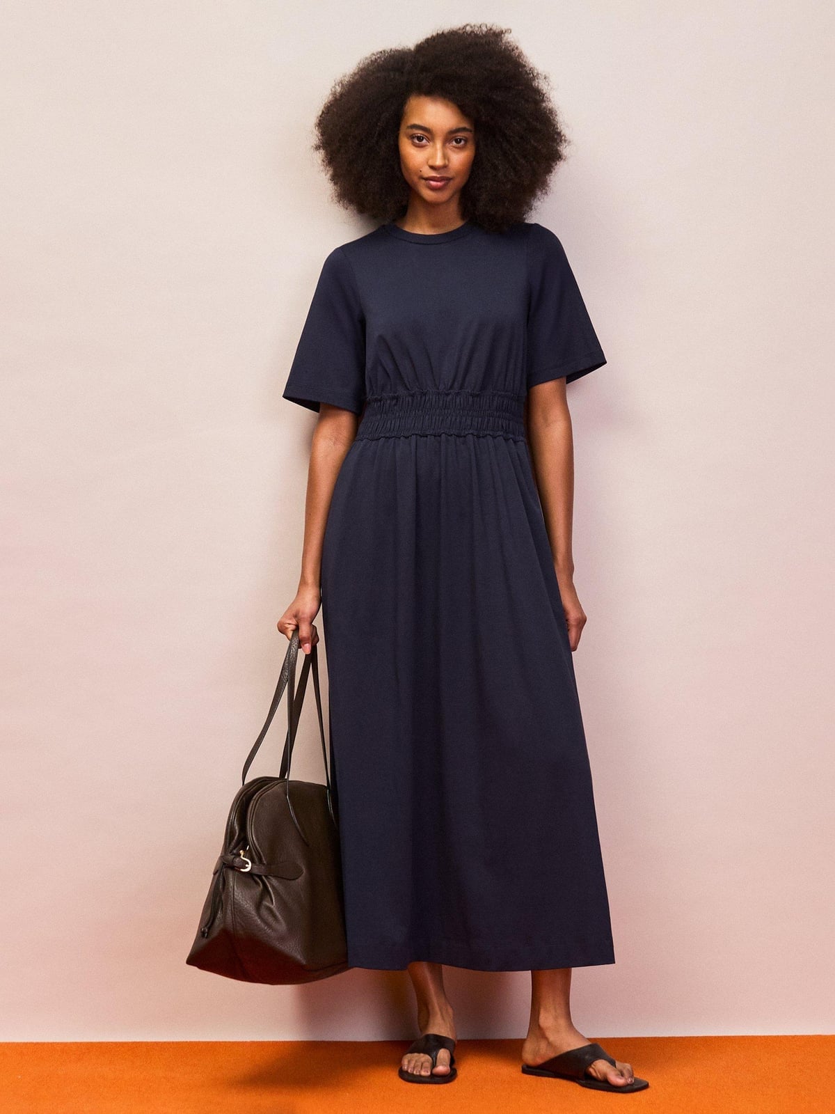 Navy A-Line Midi Dress With Elasticated Waist — Trendy Navy Blue Outfits