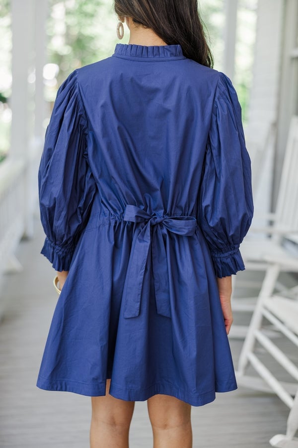 Navy Babydoll Dress With Puffed Sleeves And Tie Back — Trendy Navy Blue Outfits